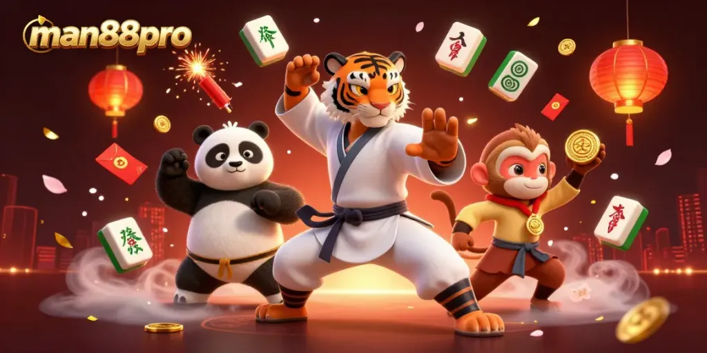 Experience excitement with man88pro as a cartoon kung fu tiger and panda disciple in a vibrant casino scene.