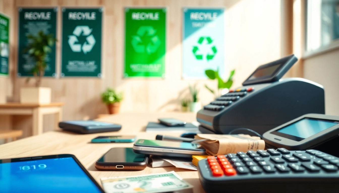 People exchanging cash for used phones in a professional recycling office.