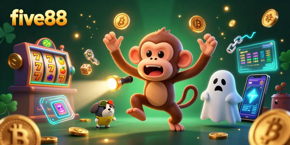 Experience five88 in this dynamic haunted casino scene with a mischievous monkey and ghost-hunter puppy.