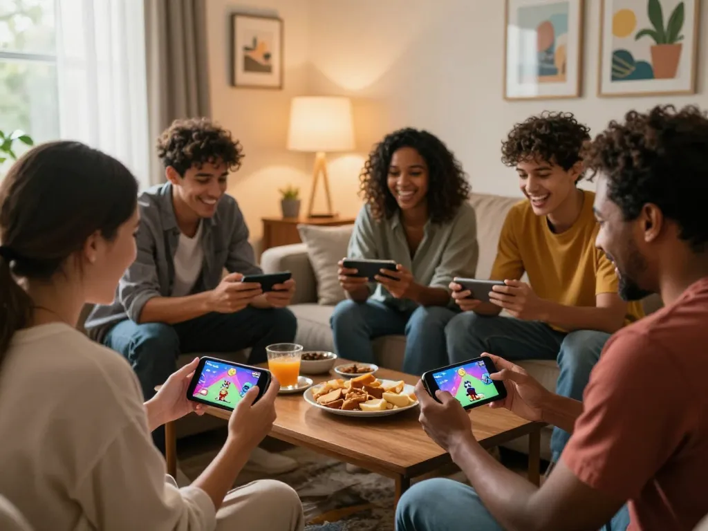 Friends enjoying a mobile porn game in a cozy living room with vibrant graphics.