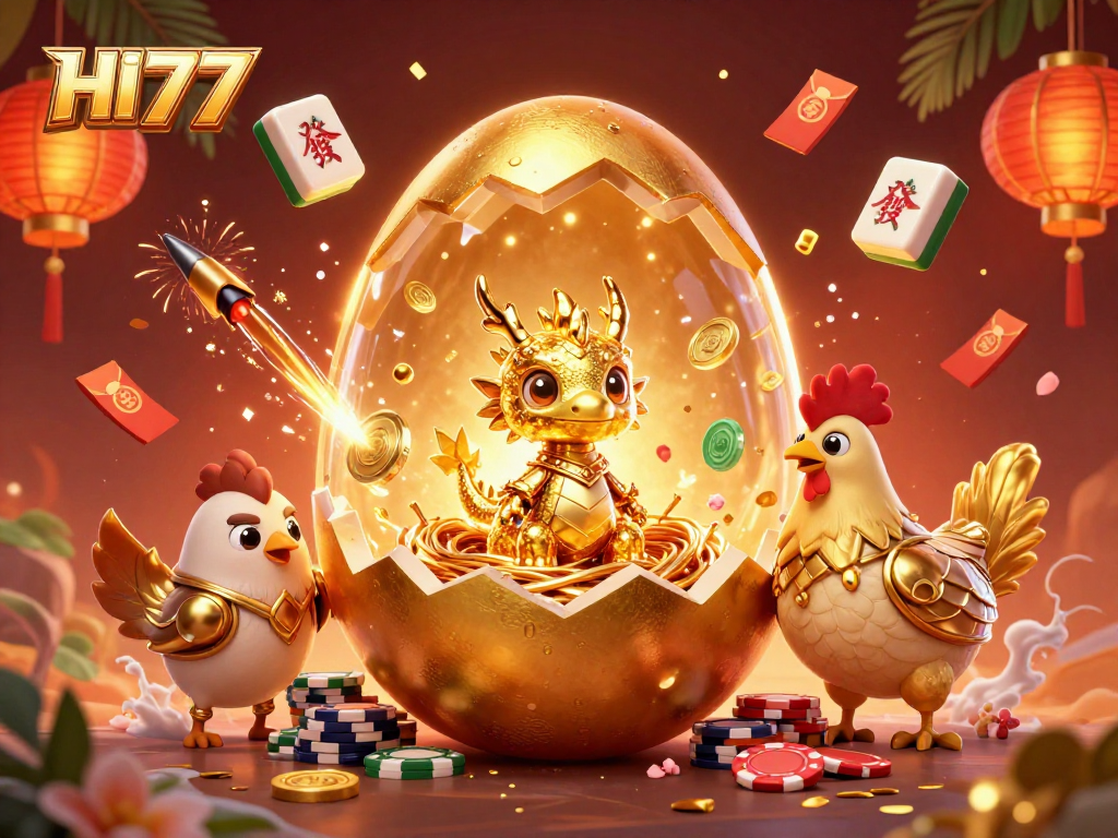 Join the excitement at HI77 as a golden dragon emerges from a nest of poker chips, surrounded by vibrant casino elements.