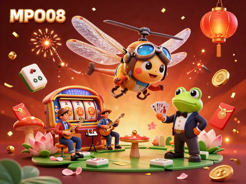 MPO08 card dealer theme with vibrant slot reels and joyful characters celebrating in a casino scene.