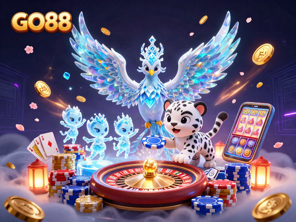 Experience the thrill of GO88 with colorful casino elements and dynamic gaming action in this vibrant illustration.