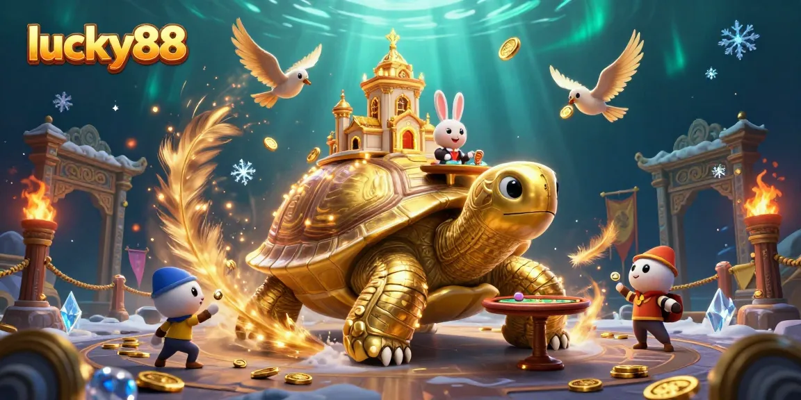 Spin and win on lucky88, featuring a whimsical casino scene with a dealer and golden coins.