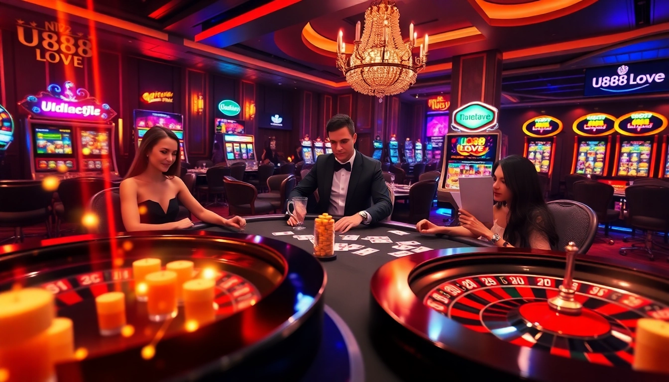 Experience U888 Love with thrilling casino action at a vibrant poker table and roulette wheel.