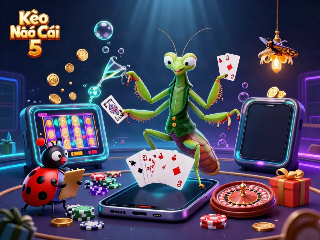 Kèo Nhà Cái 5 showcases a vibrant 3D scene with a card sharp mantis and pit boss ladybug amidst dynamic casino elements.