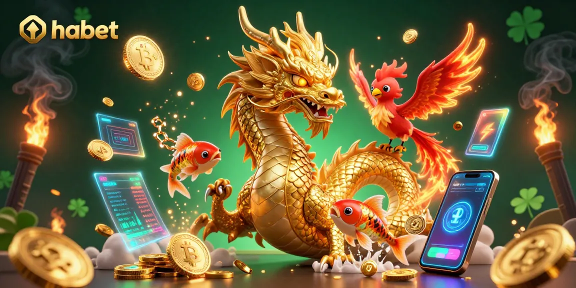 Thabet casino showcases excitement with a dragon and phoenix amid glowing crypto coins and gaming elements.