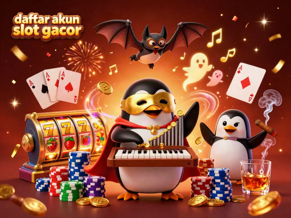 Gambarkan daftar akun slot gacor dengan penguin opera bermain organ dan koin emas yang berjatuhan.