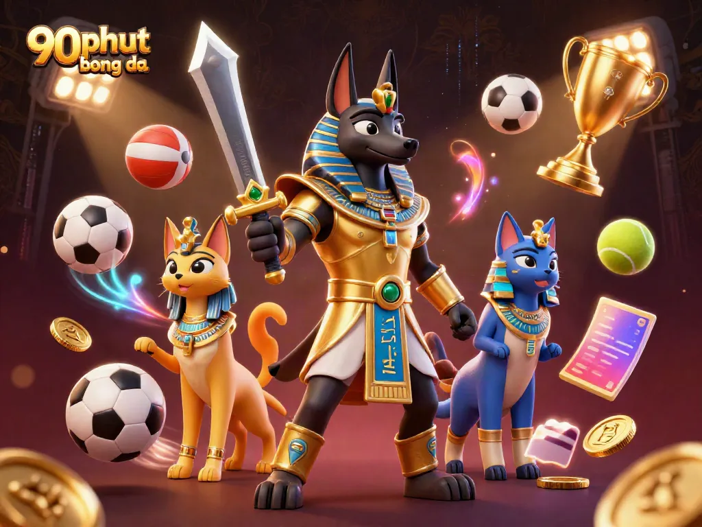 Experience the excitement of 90phut bong da with a vibrant 3D scene depicting dynamic sports elements and ancient warriors.