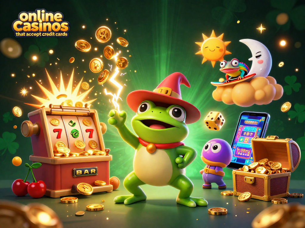 Experience online casinos that accept credit cards with vibrant characters, slot machines, and golden coins in this dynamic illustration.