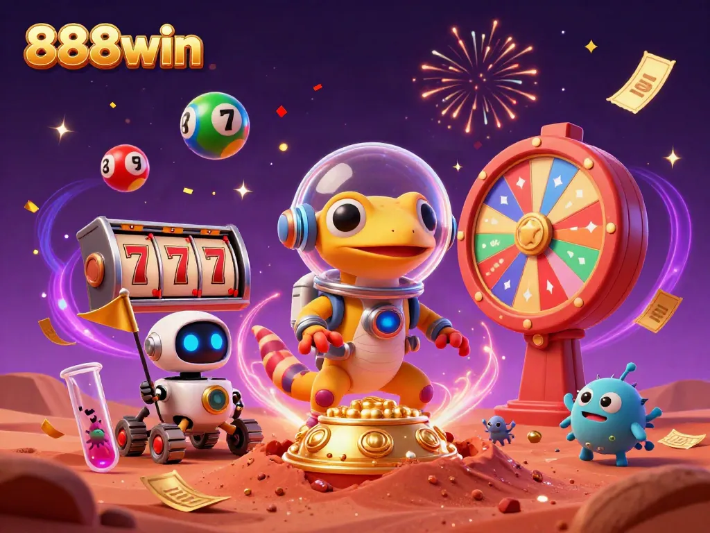 Experience the thrill of 888win as our Martian gecko discovers a golden casino amidst vibrant visuals and celebratory elements.