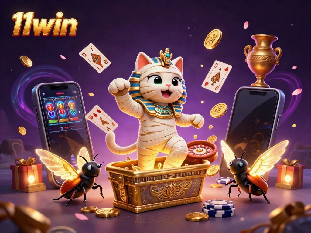 Experience thrilling gaming with the 11win Egyptian mummy cat and scarab beetle in a vibrant casino