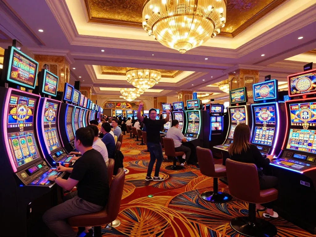 SC88 players enjoying vibrant slot machines in a luxurious casino environment celebrating winning moments.