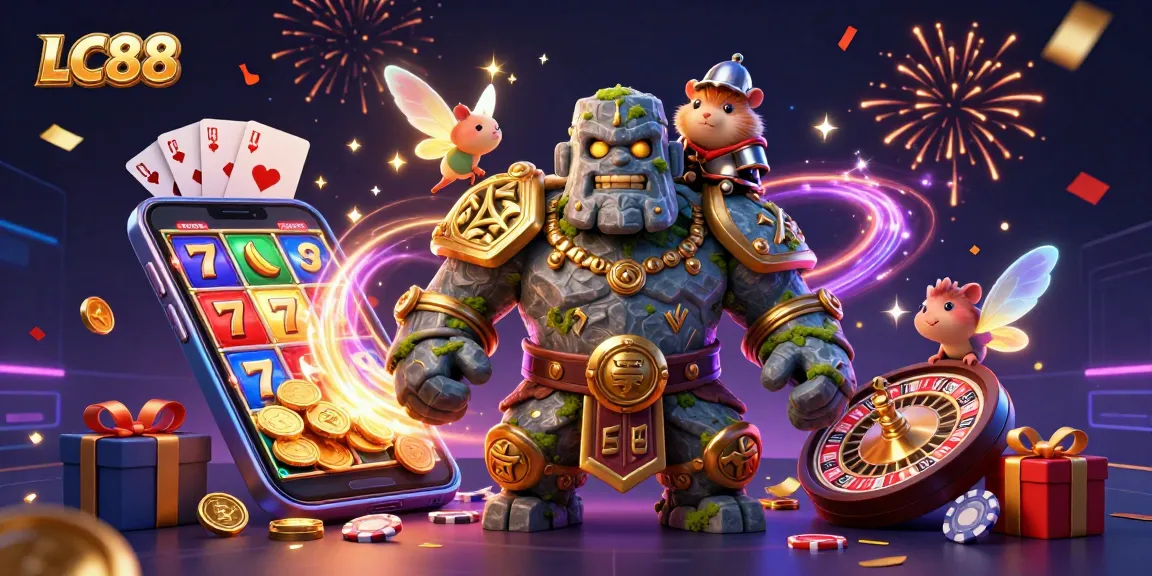 LC88 brings excitement with a lively scene featuring a magical golem, fairy, and hamster knight in a gaming celebration.