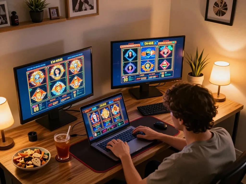 Engaging player enjoying DH88 online casino games on a laptop during cozy home gaming session.