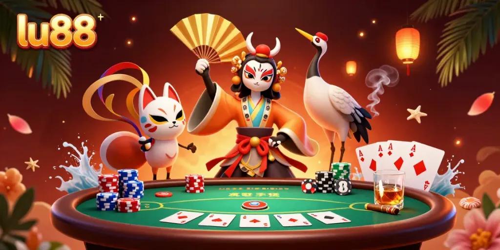 Engage with thrilling gaming action at lu88 with a vibrant scene showcasing poker and traditional Japanese elements.