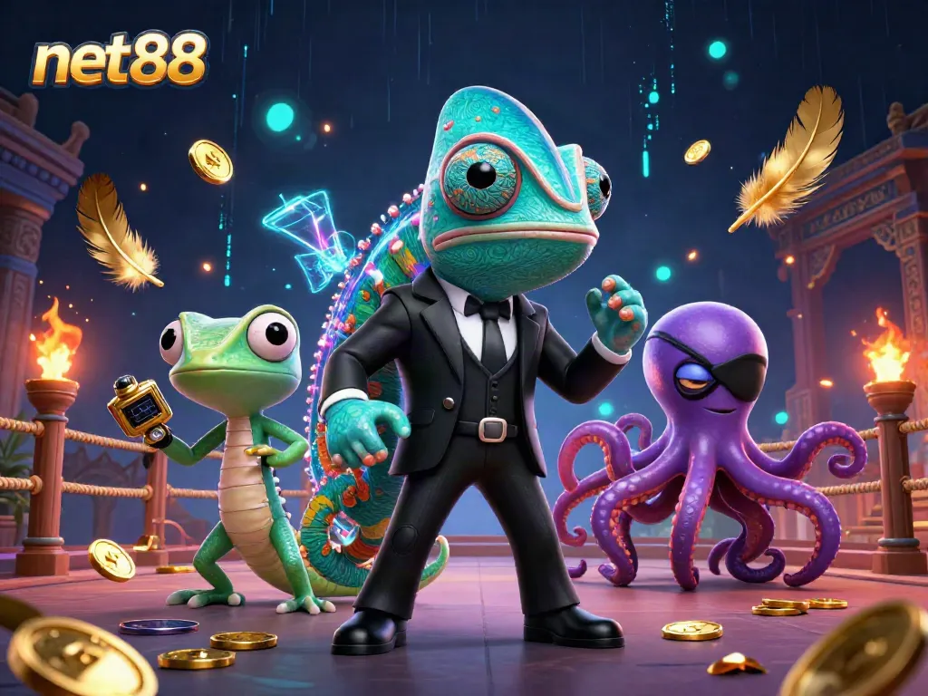 Experience net88 with a vibrant 3D illustration featuring a chameleon, gecko, and octopus in an exciting casino scene.