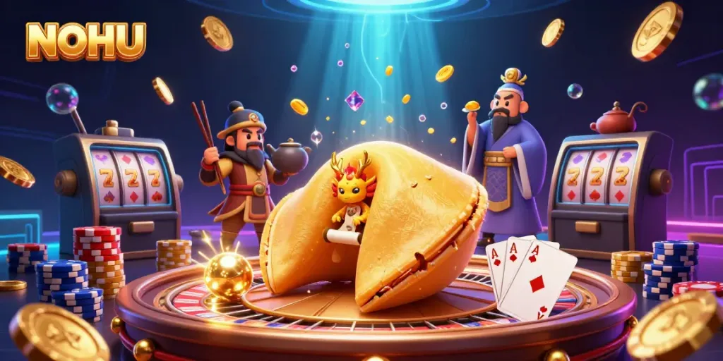 Spin and win with NOHU's vibrant 3D fortune cookie scene packed with casino action and gold treasures.