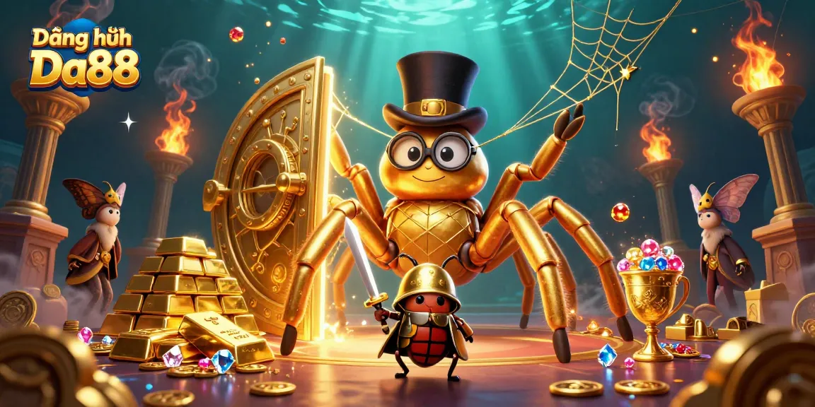 Play and engage with Đăng ký Da88, featuring a vibrant scene of a golden tarantula and a brave beetle knight!
