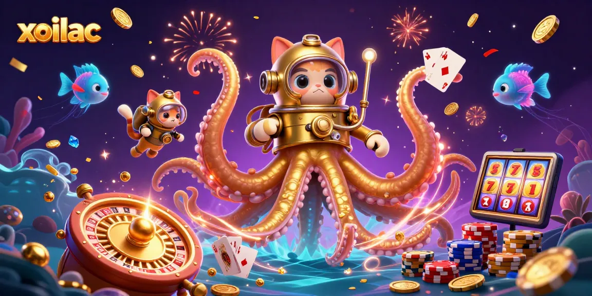 Experience the excitement of xoilac with a giant kraken, diving cat, and underwater treasures in a vibrant casino scene.