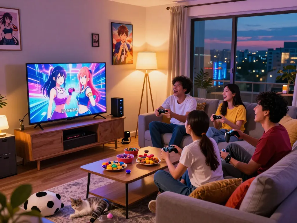 Exciting living room scene with friends playing a hentai game, vibrant atmosphere.