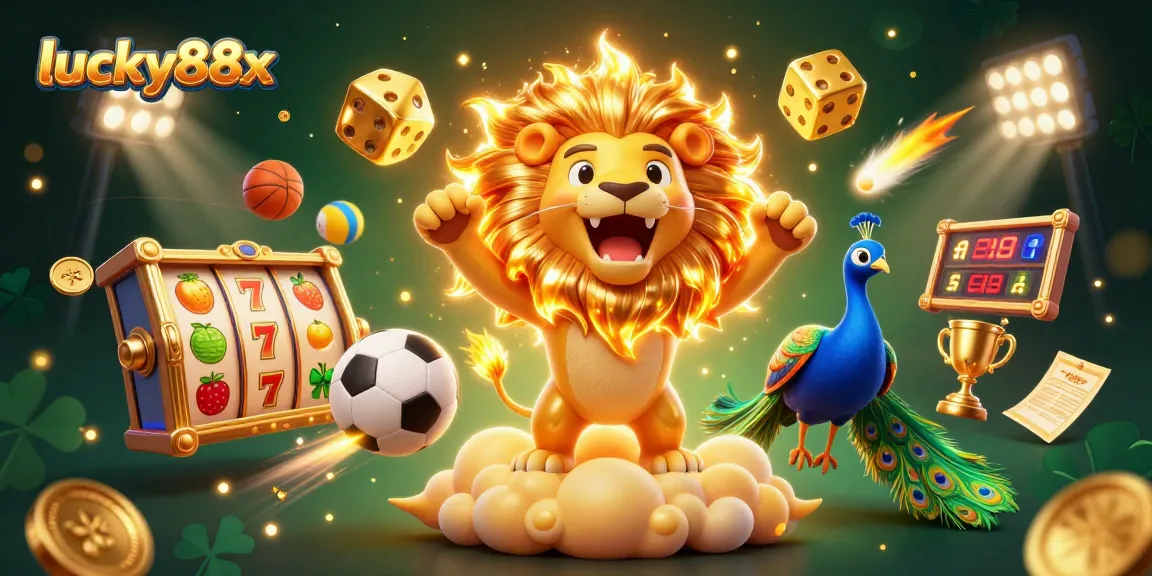 Engage with lucky88x casino fun as a sun lion roars over jackpots and slot reels.