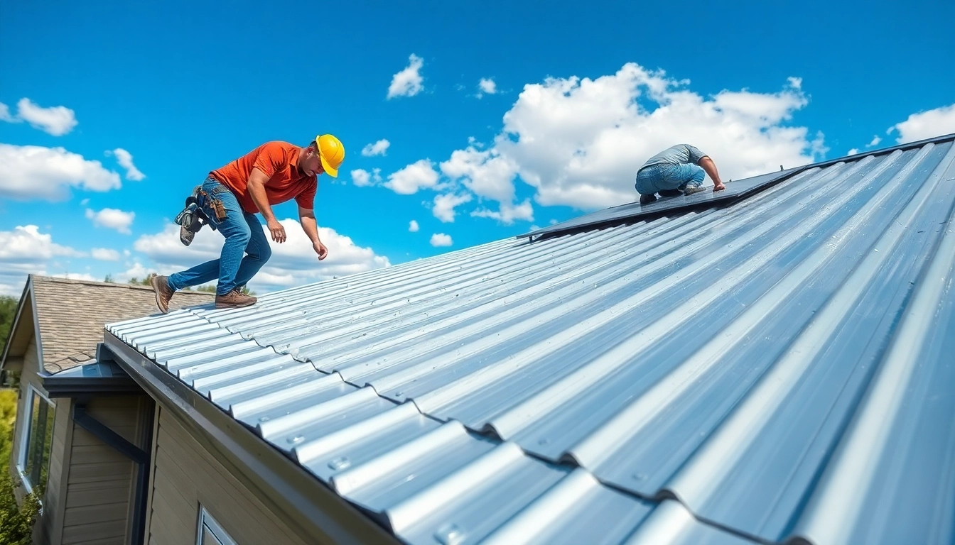 Workers expertly installing metal roofing panels on a newly constructed home.