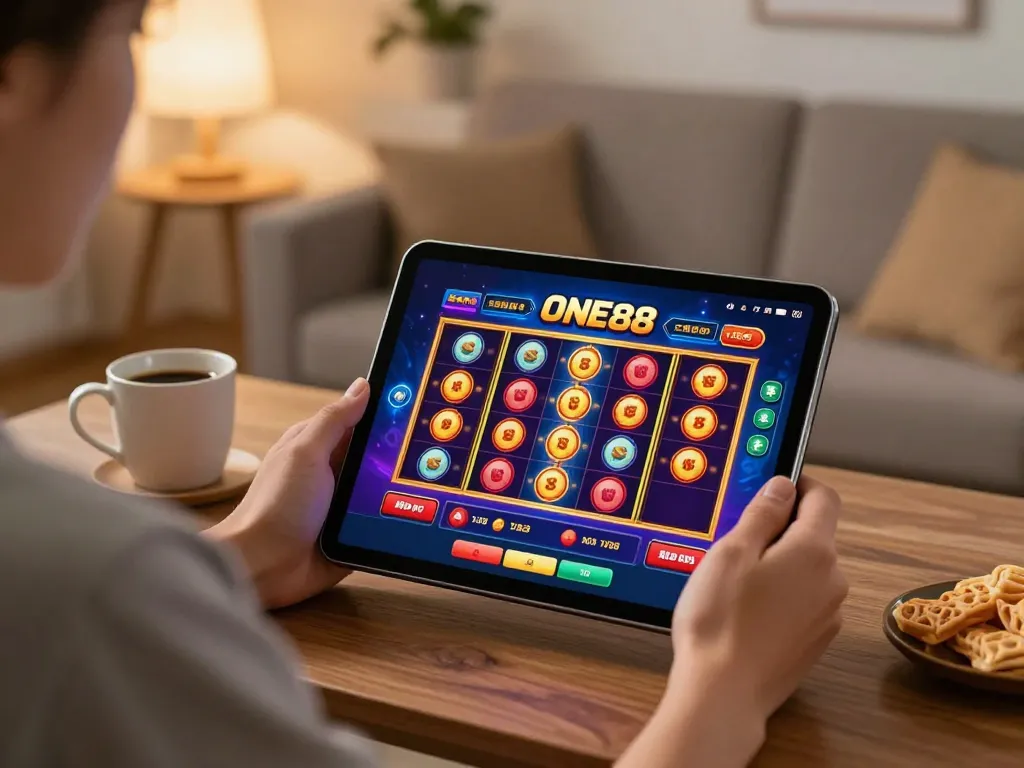 Engaging gameplay with the ONE88 casino app displayed on tablet in cozy home setting