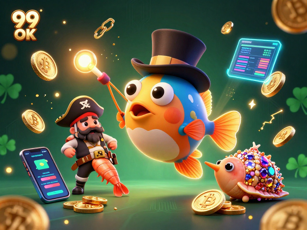 Engage in thrilling gaming with 99 OK, featuring a glowing anglerfish amidst sparkling digital treasures.