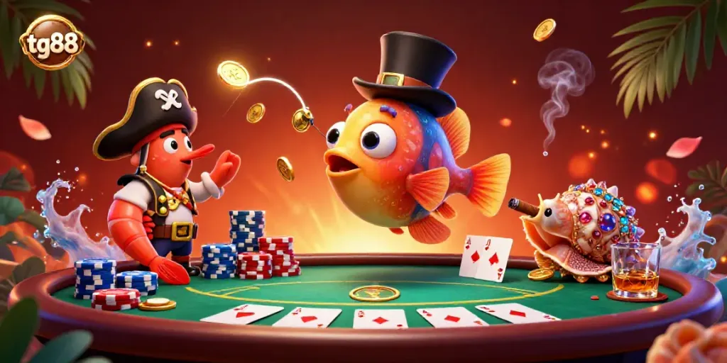 Engage with tg88 in this vibrant 3D casino scene featuring an anglerfish, pirate shrimp, and gem-covered snail amidst poker excitement.
