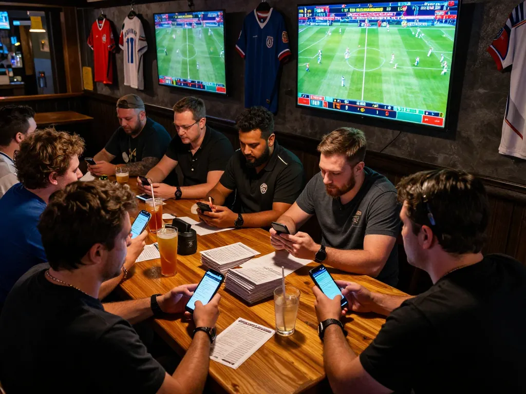 Betting on sports at TG88 with enthusiastic players evaluating odds and placing bets in a lively bar atmosphere