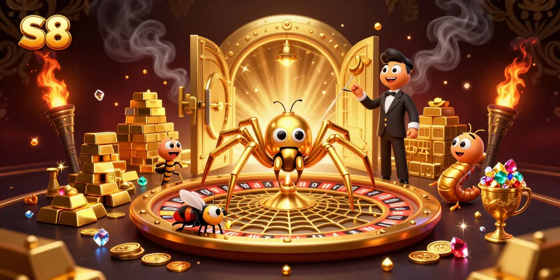 S8 offers an exciting gambling experience with a dynamic scene featuring a golden roulette web and animated characters.