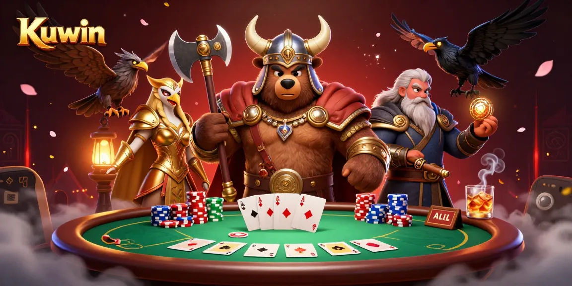 Kuwin players experience thrilling poker action with Viking berserker and Valkyrie in a vibrant casino setting.