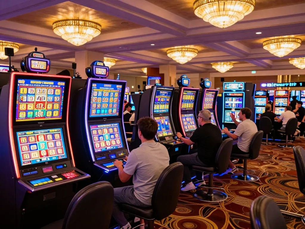 VA88 slot machine players celebrating wins at a colorful casino floor.