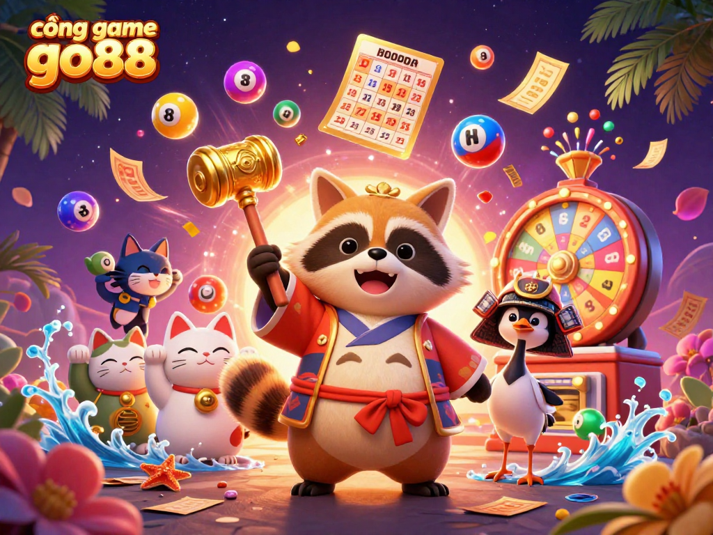 Engage with cổng game go88 through a vibrant scene featuring a cheerful tanuki, fortune cats, and dynamic gaming elements.