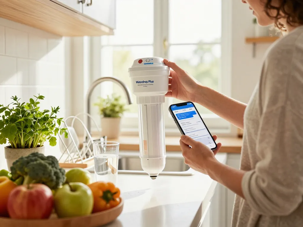 Person evaluating Waterdrop Plus WDP-F13 Reduce Lead&PFAS water filter in a bright kitchen, ensuring clean drinking water.