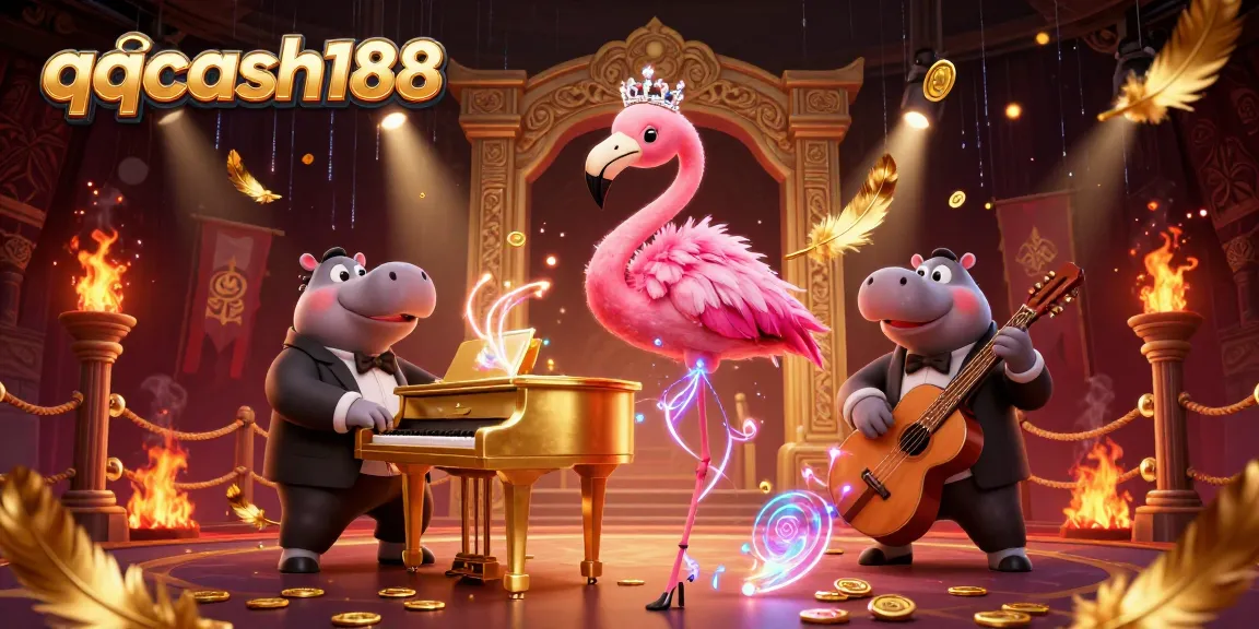 qqcash188's vibrant casino scene features a flamingo singer and hippo bassist, energizing play with gold tokens.
