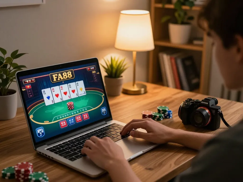 Player engaging with FA88 poker app on laptop in a cozy home setup, showcasing strategic gameplay.