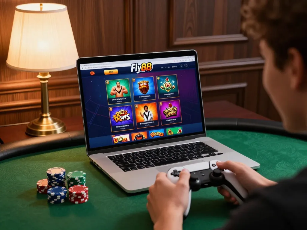 Engaging online gaming session with the Fly88 platform showcased on a laptop during a cozy evening.