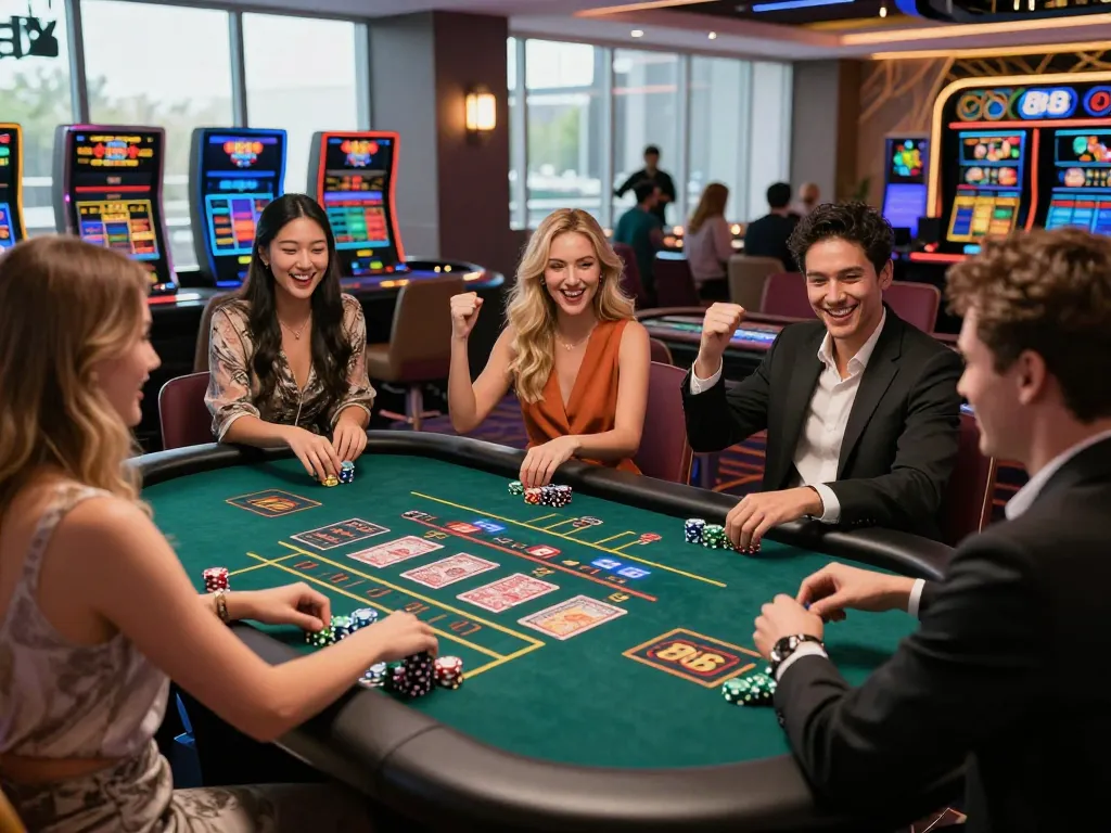 Dynamic casino hubet88 scene with friends enjoying roulette, colorful chips, and lively atmosphere.