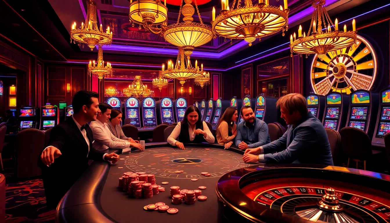 Xoilac casino atmosphere with players at a poker table and vibrant slot machines.