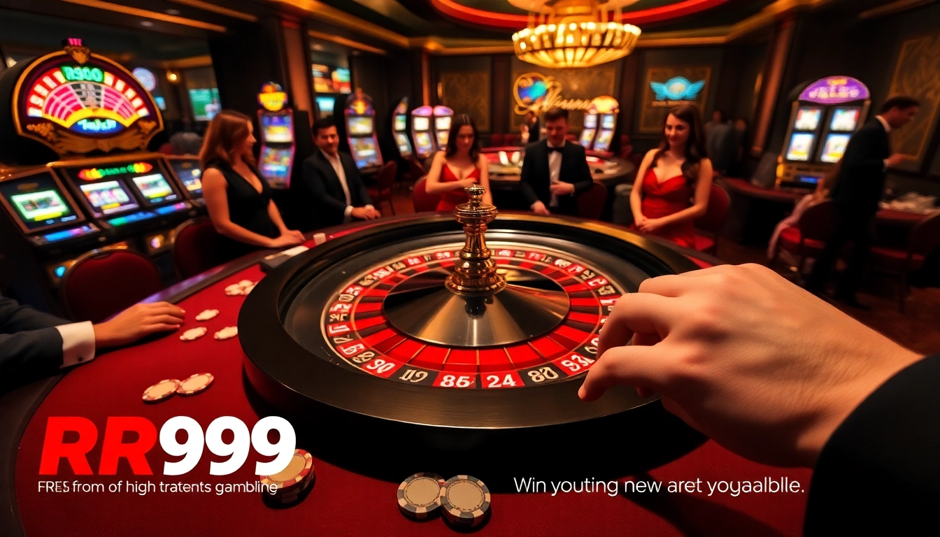 Experience a thrilling gambling scene at https://rr99.it.com/ with a roulette table filled with vibrant lights and eager players.