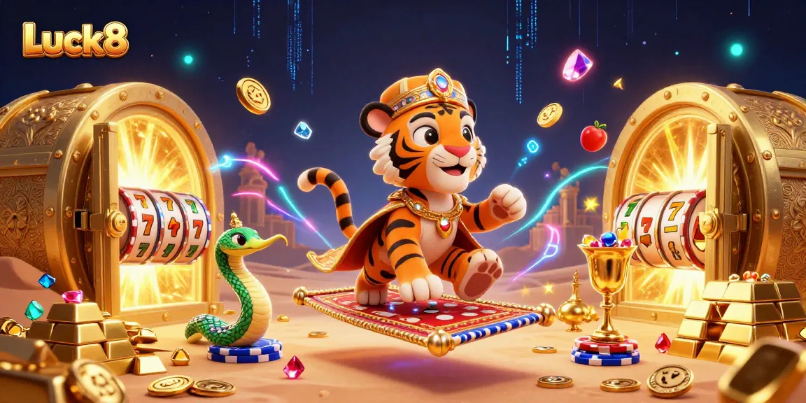 Experience thrilling Luck8 casino action with a vibrant scene of a tiger sultan, slots, and treasures.