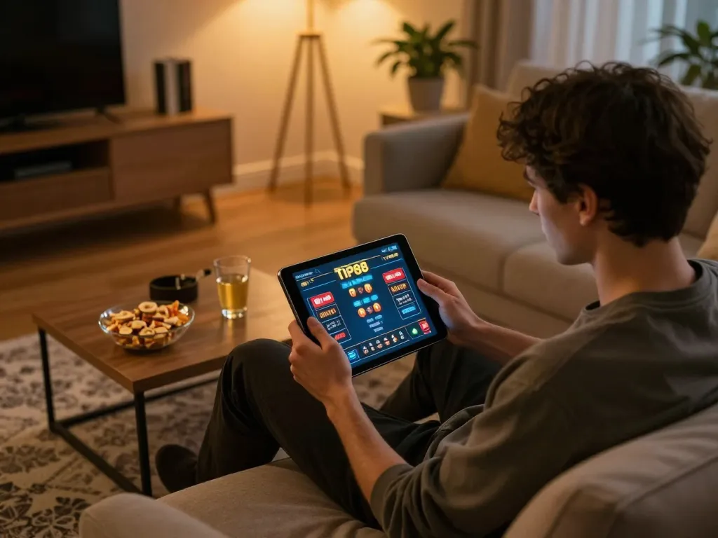 Engaged player exploring TIP88 online casino on tablet with betting options visible in a cozy setting