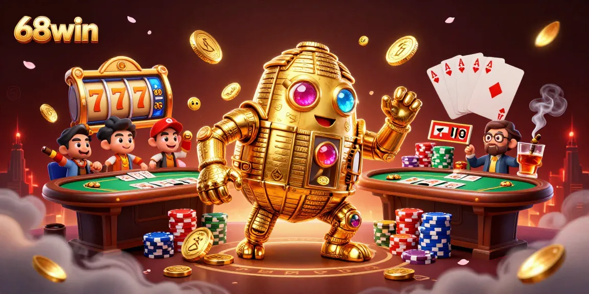 Engage in exciting wins with 68win’s dynamic casino adventure featuring a golden golem and poker elements.