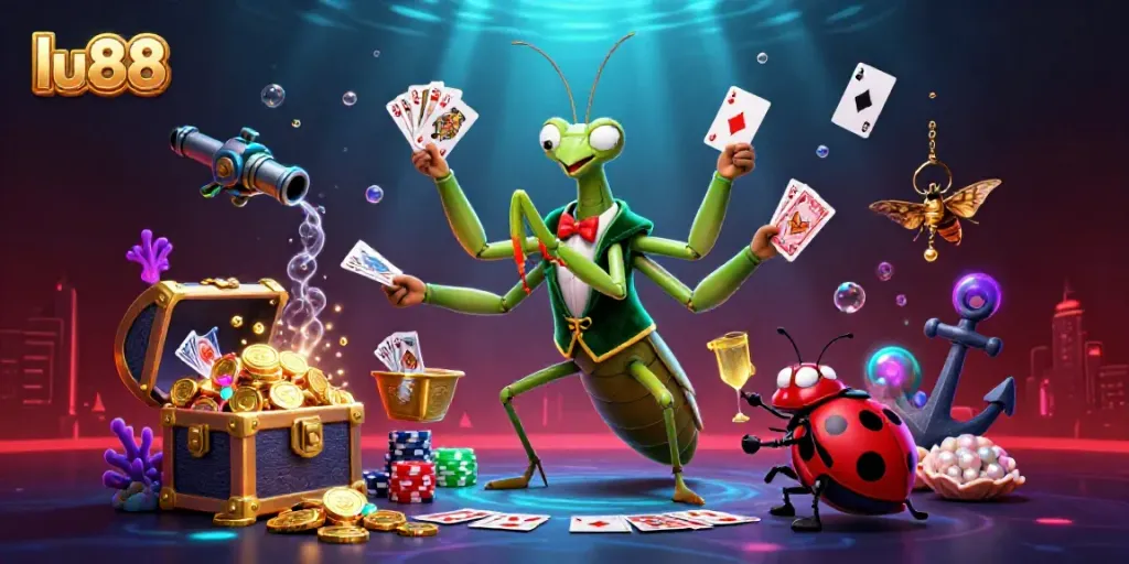 Experience the thrilling action of lu88 with a vibrant casino scene featuring a giant mantis dealer and dynamic game elements.