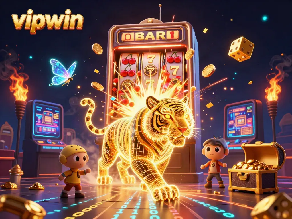 Experience thrilling jackpots with vipwin's colorful casino night featuring a neon tiger and vibrant game elements.