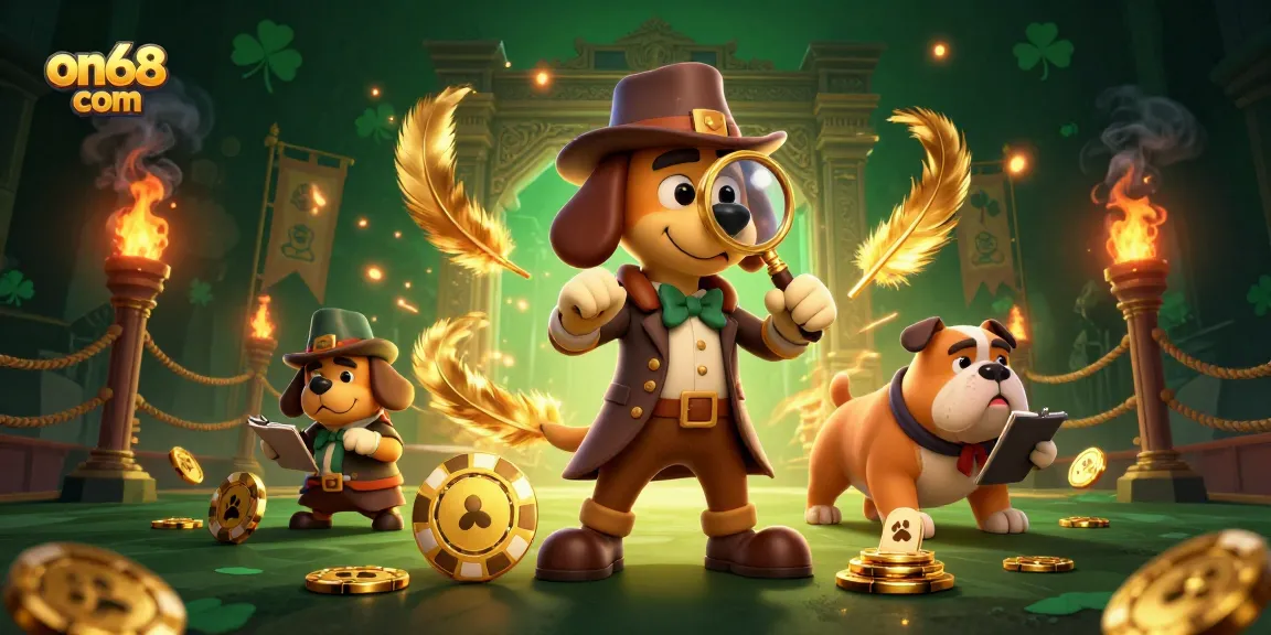 Engage in thrilling betting at on68 com with detective and bulldog discovering gold clues in vibrant casino!