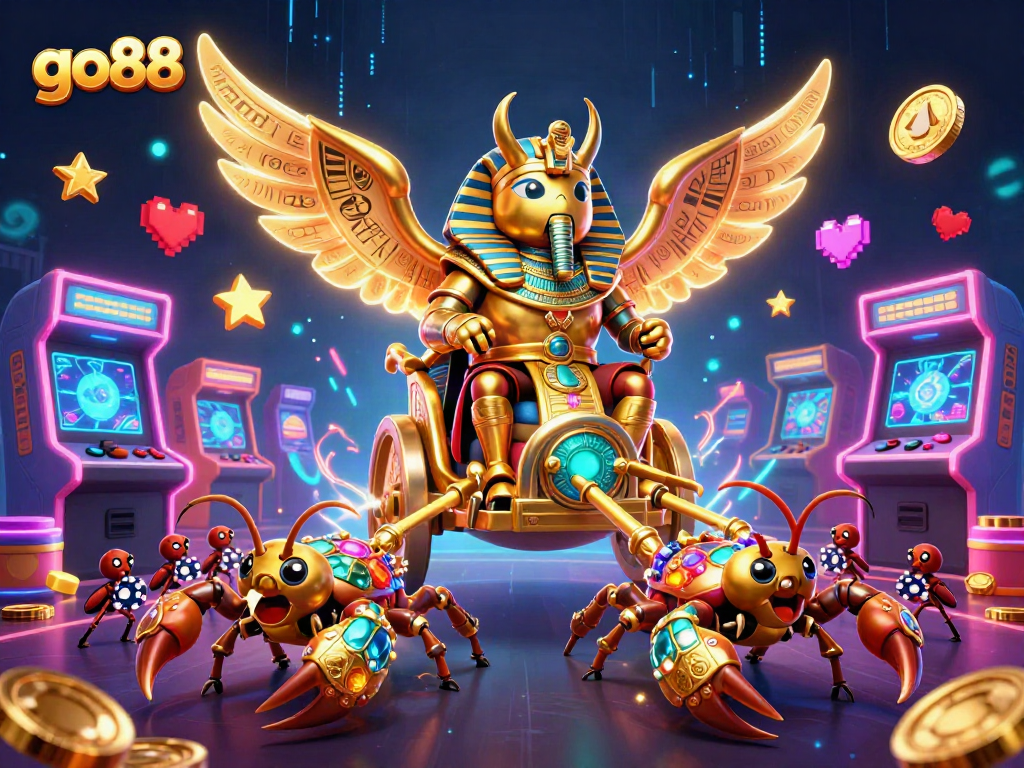 Experience exciting gaming with go88's vibrant casino scene featuring a golden scarab and poker elements.