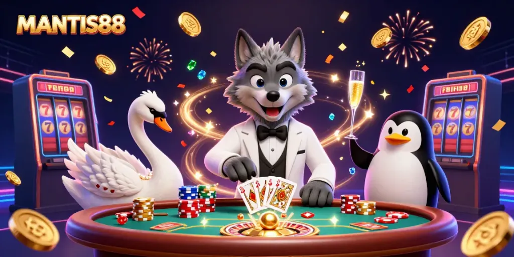 Engage with thrilling MANTIS88 casino action featuring a wolf at baccarat, cards, and champagne.